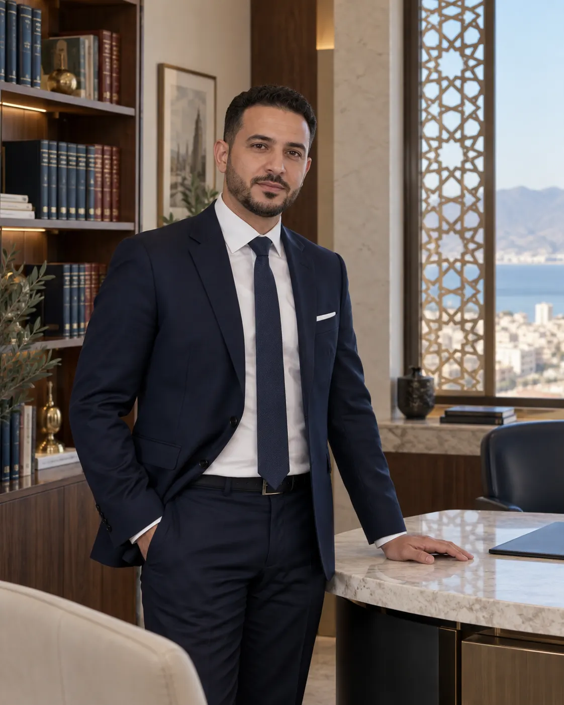 Portrait professionnel de Maître Brahim Aoulich dans son cabinet à Nador.